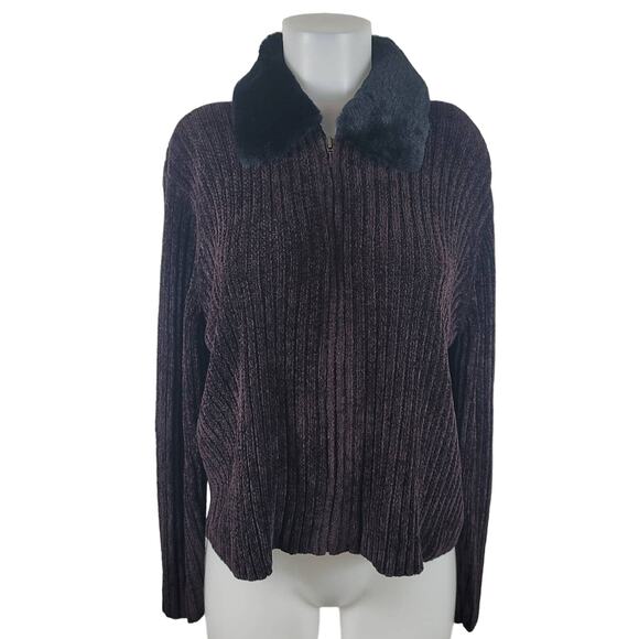 Valerie Stevens Chenille Faux Fur Neck Trim (Removable) Zip-Up Sweater Women's L - Picture 1 of 5